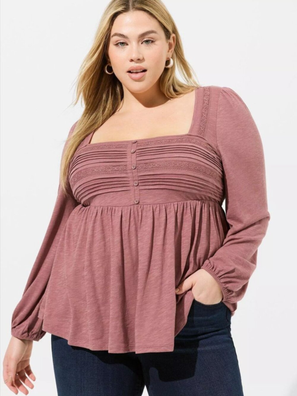 Torrid Cotton Modal Slub Square Neck Top NWT Size 1 Blue Pintuck Plus Size